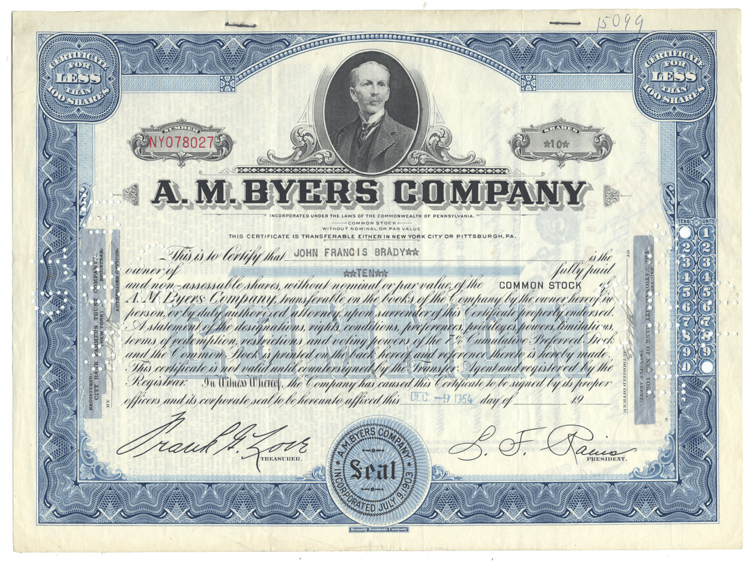 A.M. Byers Company stock certificate with a portrait of a man and decorative elements.