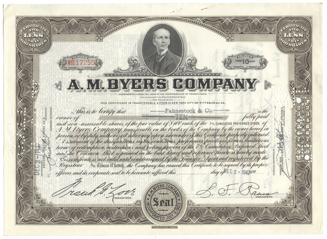 A. M. Byers Company Stock Certificate
