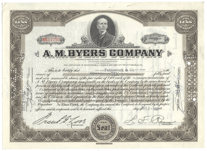 A. M. Byers Company Stock Certificate