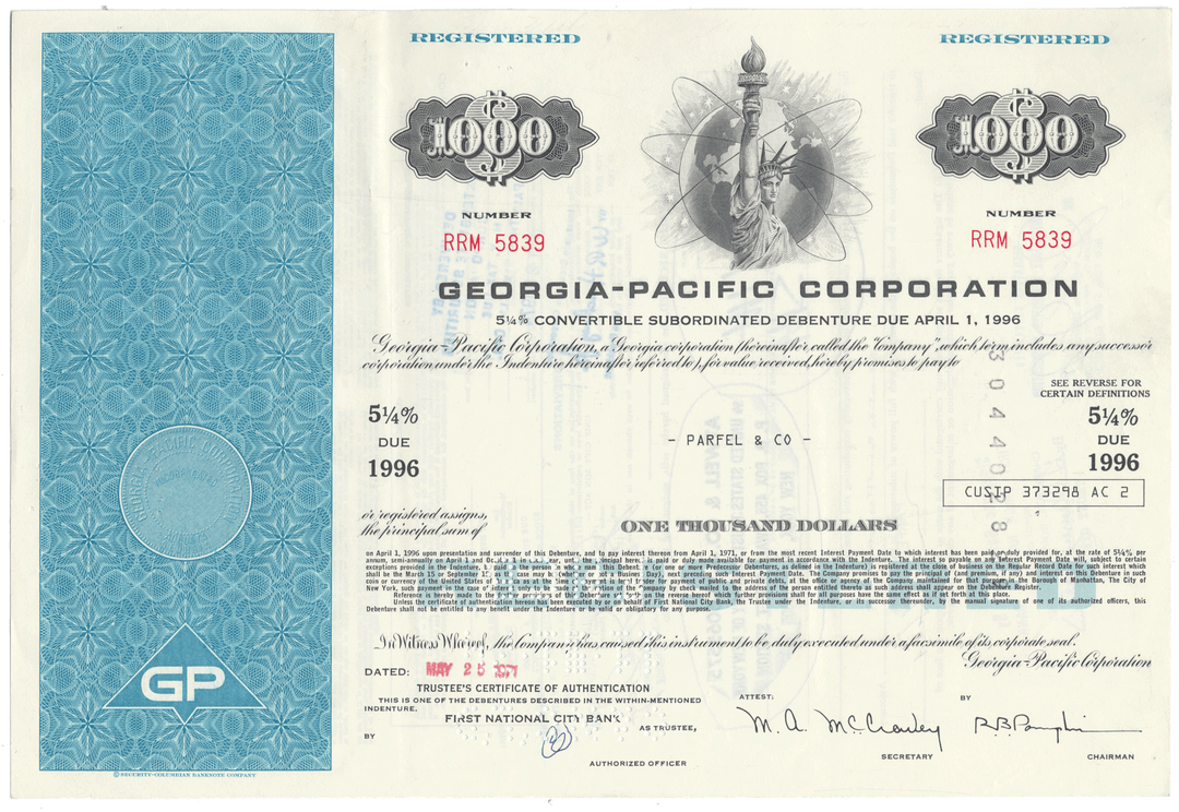 Georgia-Pacific Corporation bond certificate with decorative elements and text.