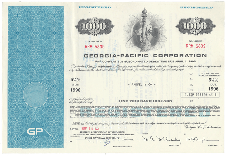 Georgia-Pacific Corporation bond certificate with decorative elements and text.