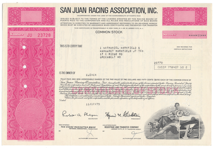 San Juan Racing Association, Inc. Stock Certificate