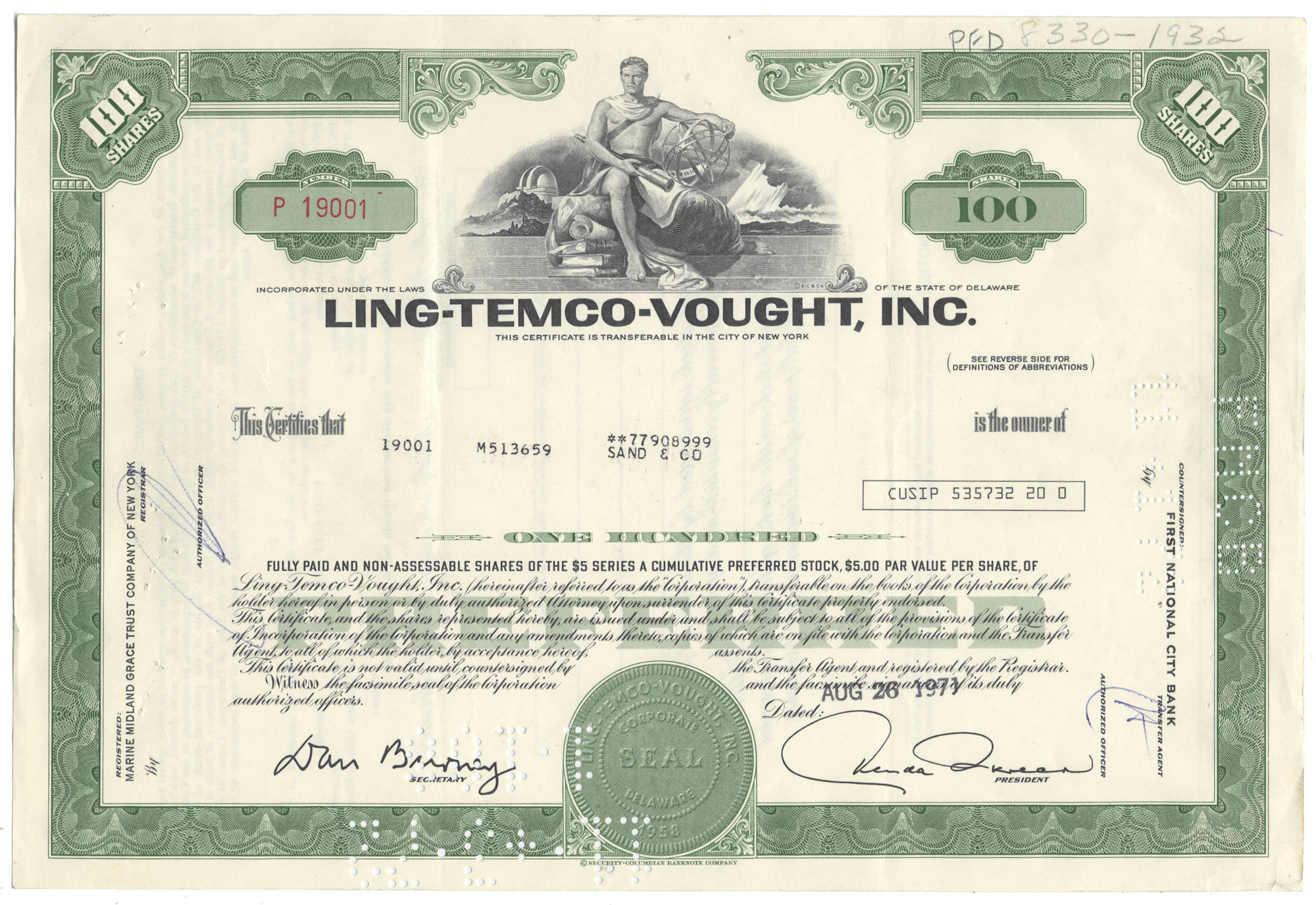 Ling-Temco-Vought, Inc. stock certificate with green and white design.