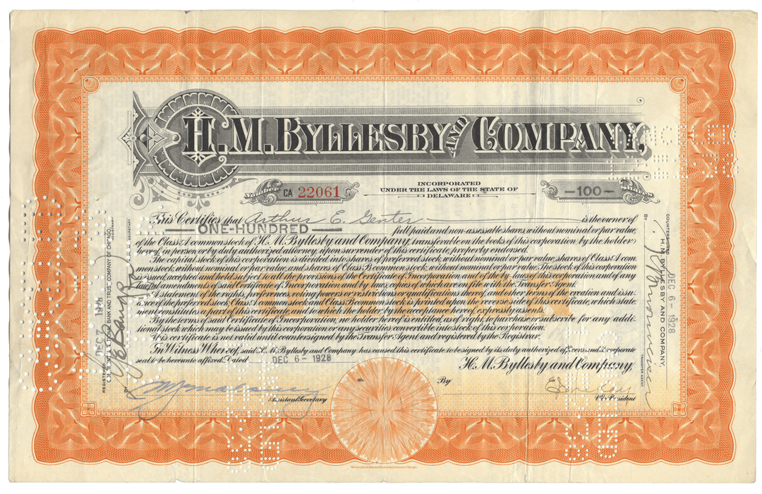 H. M. Byllesby and Company Stock Certificate