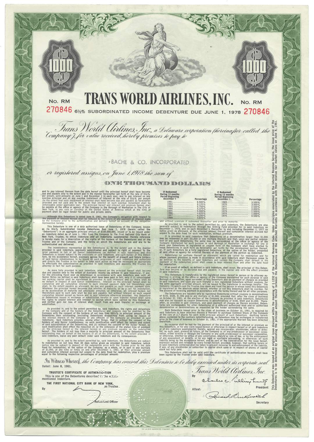 Trans World Airlines, Inc. Bond Certificate
