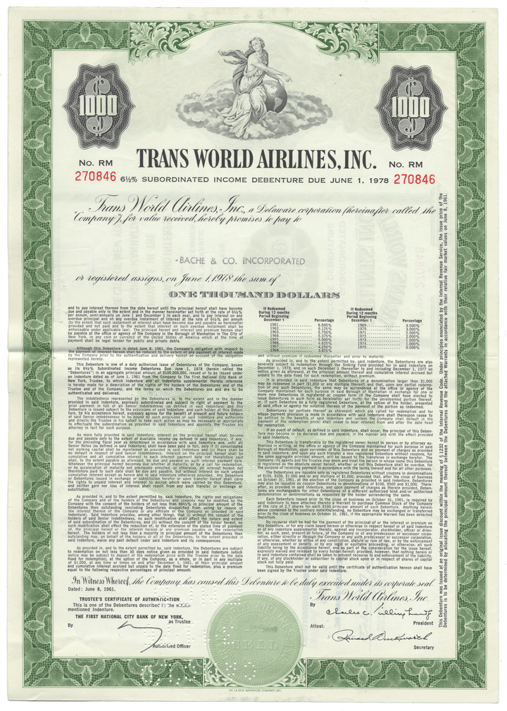 Trans World Airlines, Inc. Bond Certificate