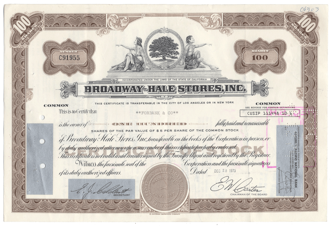 Broadway-Hale Stores, Inc. Stock Certificate