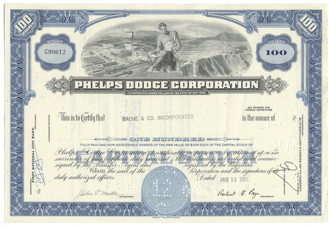 Vintage stock certificate of Phelps Dodge Corporation