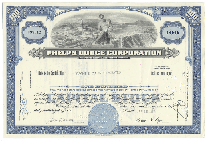 Vintage stock certificate of Phelps Dodge Corporation