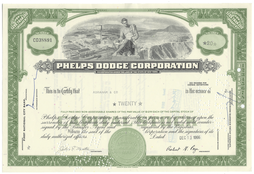 Vintage stock certificate of Phelps Dodge Corporation with a green border and illustration.