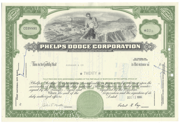 Vintage stock certificate of Phelps Dodge Corporation with a green border and illustration.