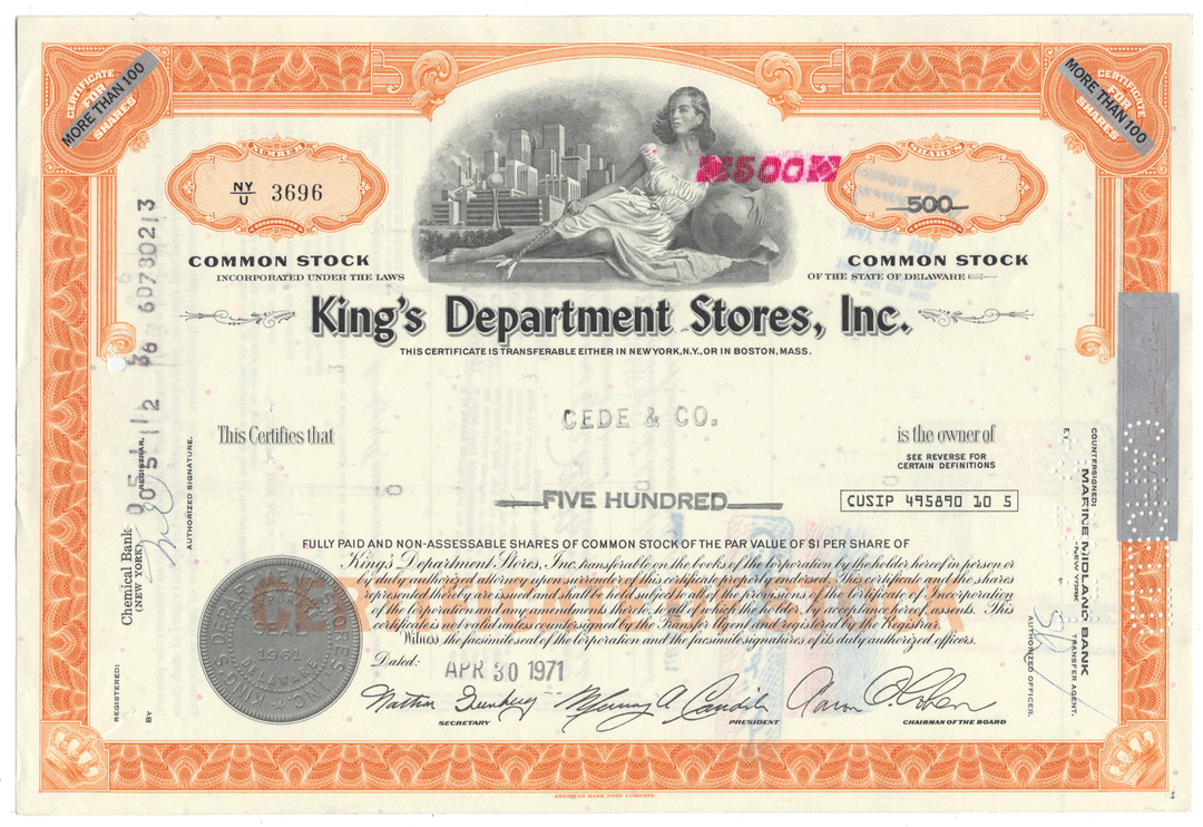 King's Department Stores, Inc. Stock Certificate