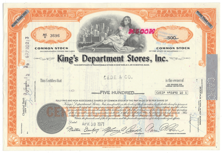 King's Department Stores, Inc. Stock Certificate