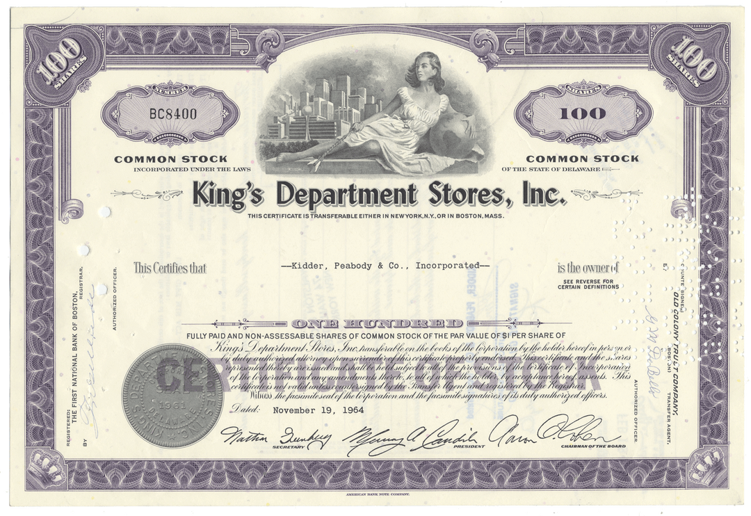 King's Department Stores, Inc. Stock Certificate