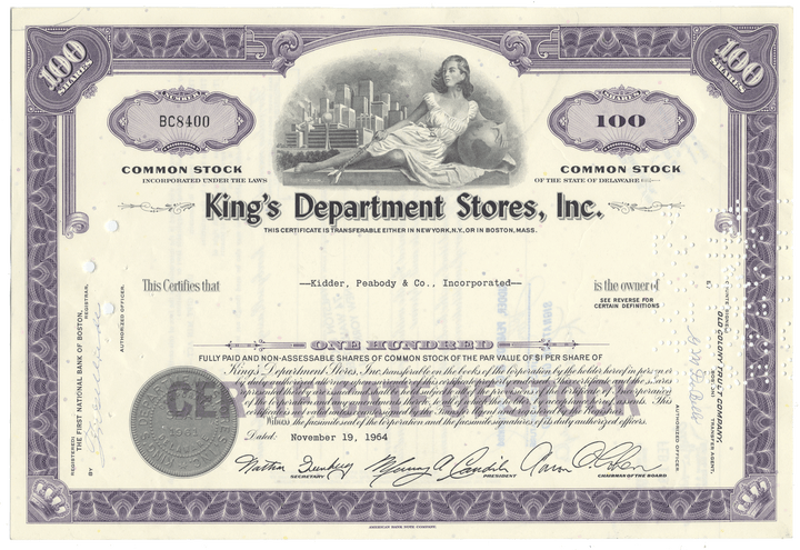 King's Department Stores, Inc. Stock Certificate