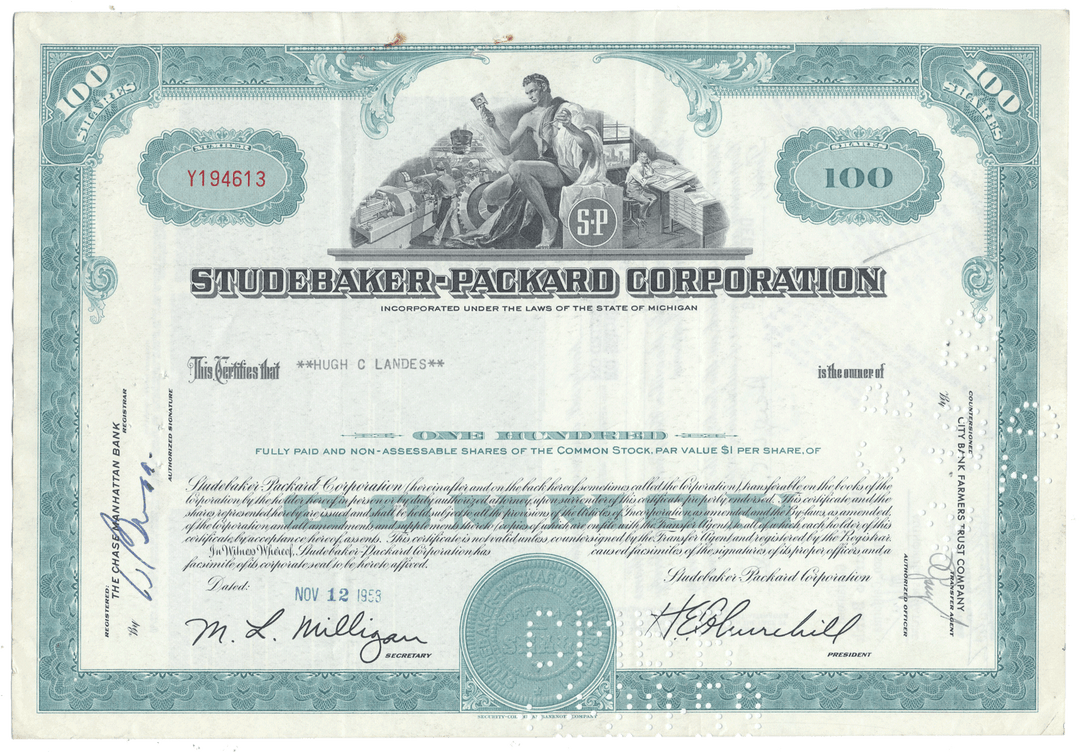 Studebaker-Packard Corporation stock certificate with blue and white design