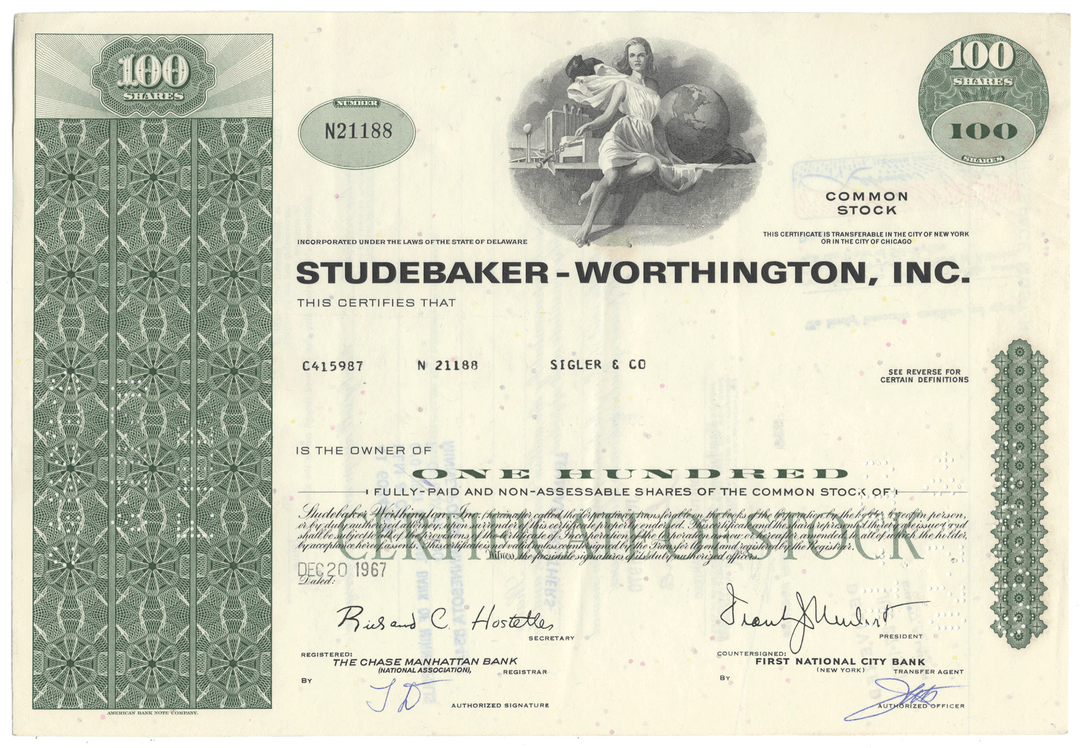 Studebaker-Worthington, Inc. stock certificate with decorative elements.