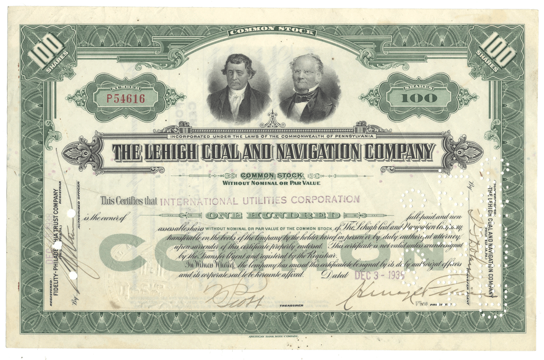Stock certificate from The Lehigh Coal and Navigation Company with portraits of two men on a green and white background.