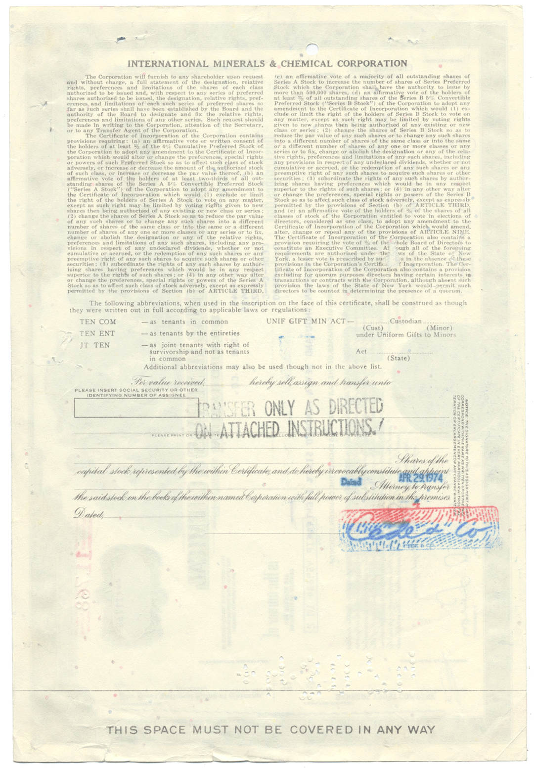 International Minerals & Chemical Corporation Stock Certificate