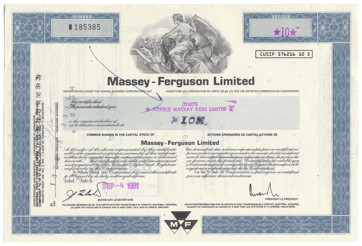 Massey-Ferguson Limited Stock Certificate