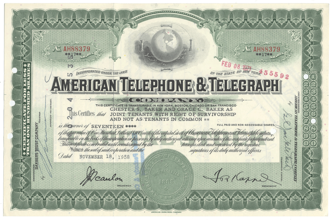 American Telephone & Telegraph Company Stock Certificate