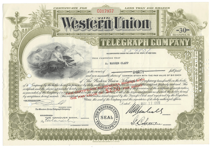 Certificate for shares of the Western Union Telegraph Company with decorative elements.