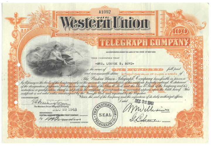 Western Union Telegraph Company stock certificate with decorative elements