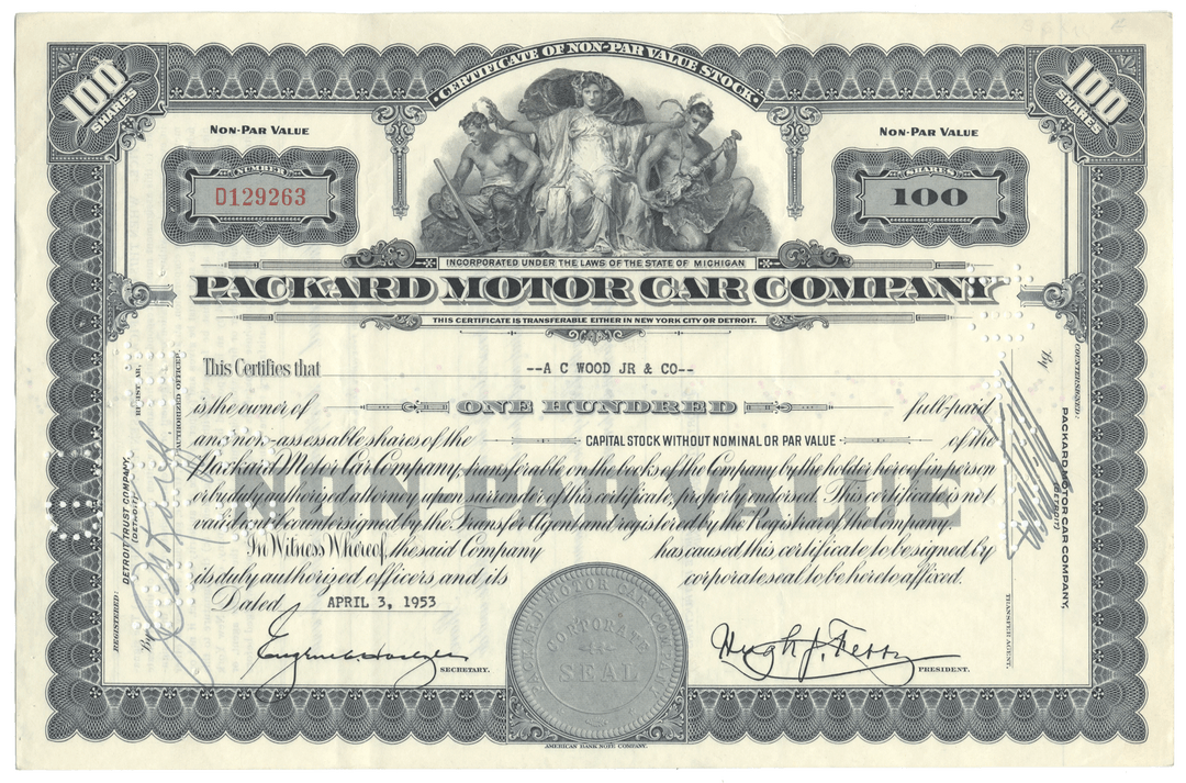 Certificate of stock from Packard Motor Car Company with decorative elements.
