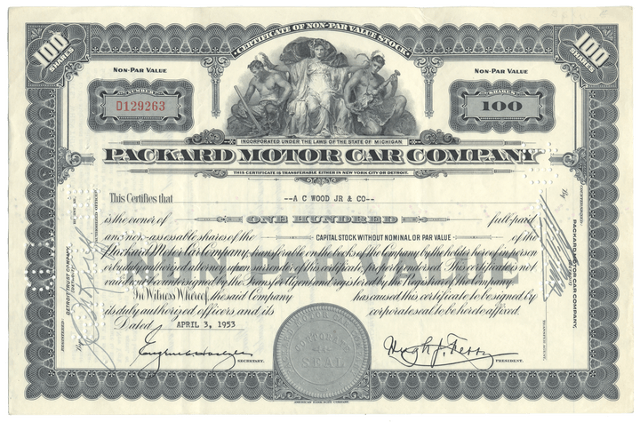 Certificate of stock from Packard Motor Car Company with decorative elements.
