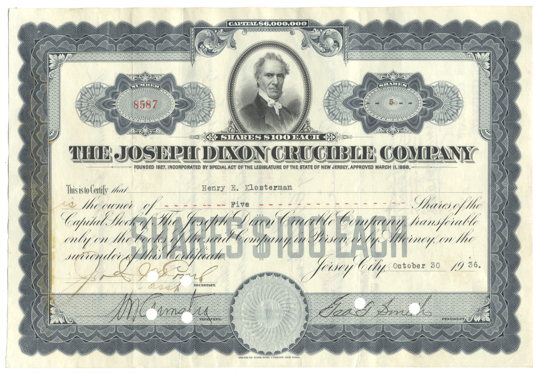 Joseph Dixon Crucible Company Stock Certificate