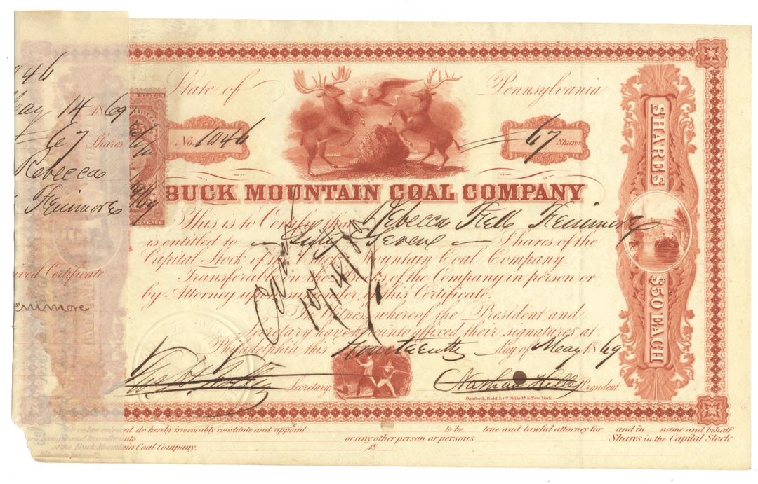 Vintage stock certificate of the Buck Mountain Coal Company with revenue stamp and multiple vignettes.