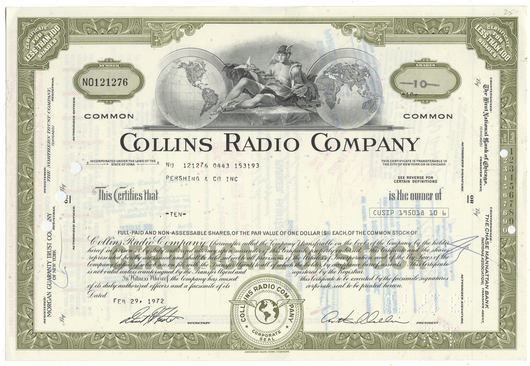 Collins Radio Company stock certificate