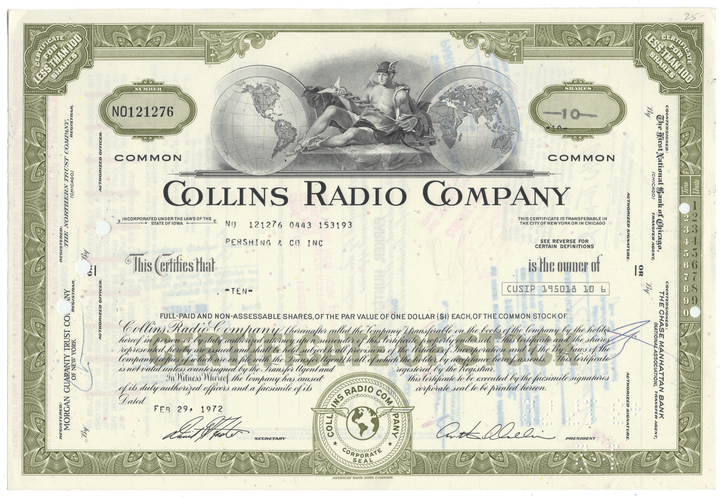 Collins Radio Company stock certificate