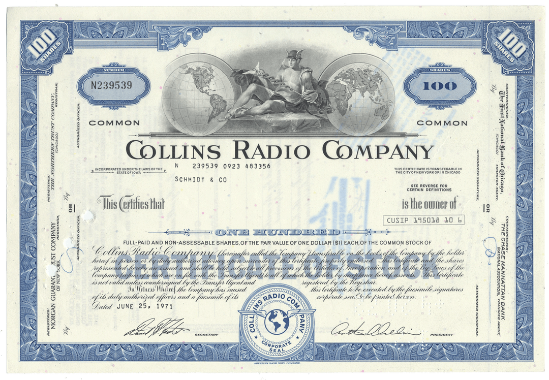 Collins Radio Company stock certificate