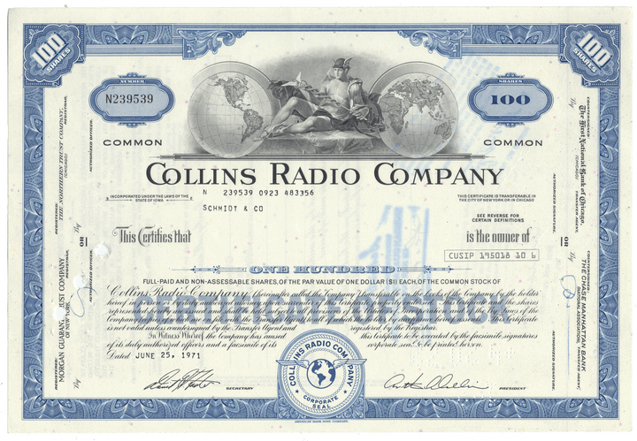 Collins Radio Company stock certificate