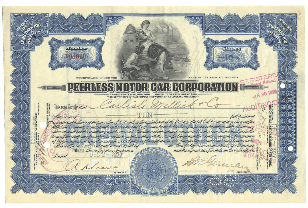 Vintage stock certificate of the Peerless Motor Car Corporation with decorative elements and text.