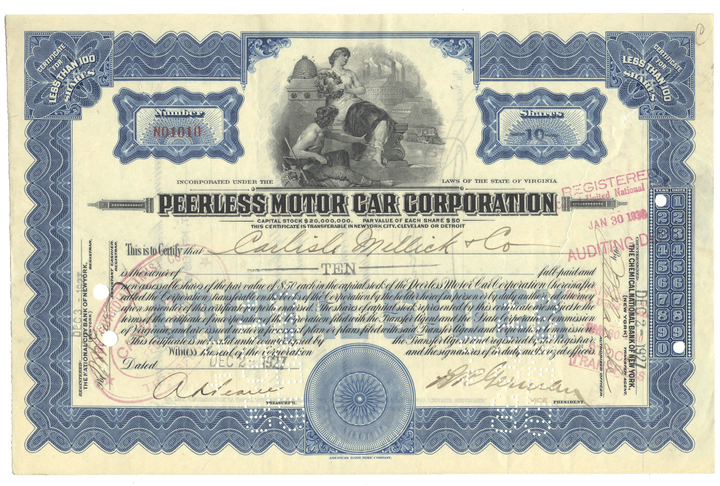 Vintage stock certificate of the Peerless Motor Car Corporation with decorative elements and text.