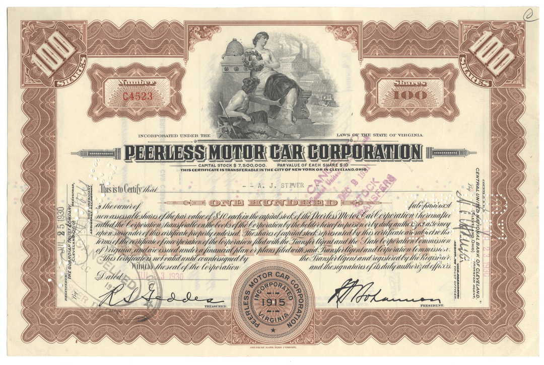 Vintage stock certificate of Peerless Motor Car Corporation with decorative elements and text.