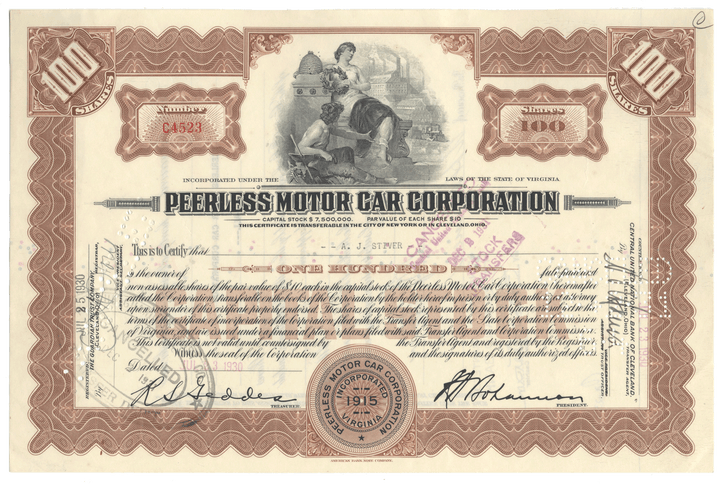 Vintage stock certificate of Peerless Motor Car Corporation with decorative elements and text.