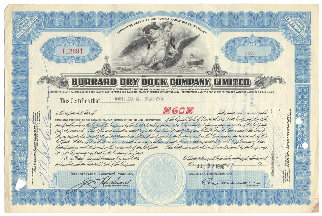 Vintage stock certificate of the Burrard Dry Dock Company, Limited with blue and white design.