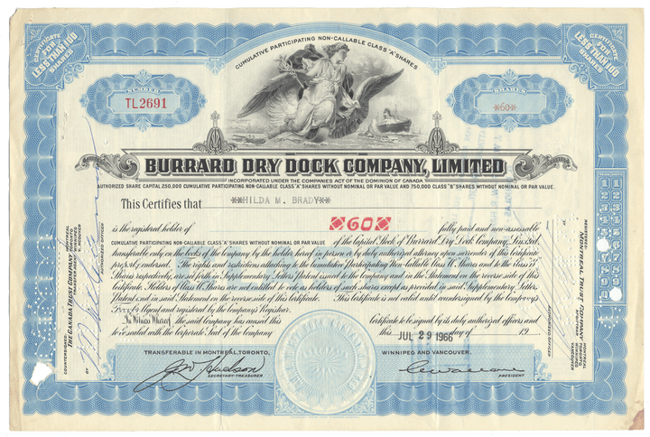 Vintage stock certificate of the Burrard Dry Dock Company, Limited with blue and white design.
