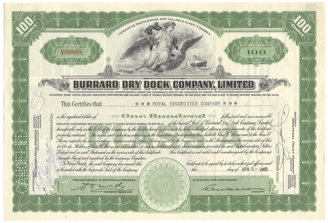 Vintage stock certificate for Burrard Dry Dock Company, Limited with green and white design.