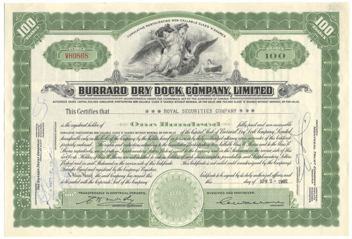 Vintage stock certificate for Burrard Dry Dock Company, Limited with green and white design.
