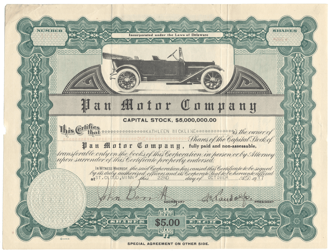 Pan Motor Stock Certificate Signed by Samuel Pandolfo