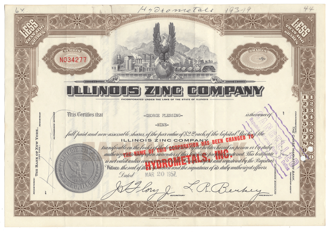 Vintage stock certificate of the Illinois Zinc Company with decorative elements and text.