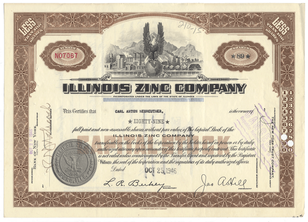 Illinois Zinc Company Stock Certificate