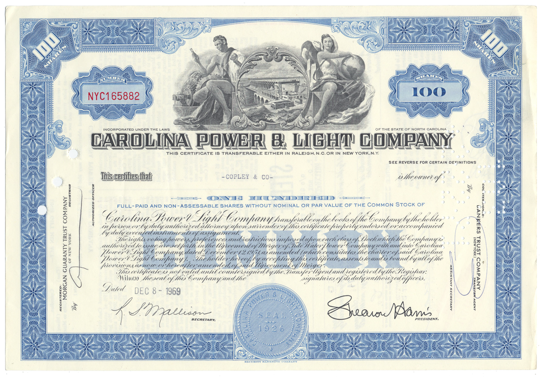 Carolina Power & Light Company Stock Certificate