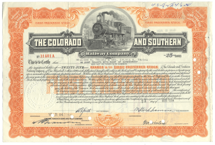 Colorado and Southern Railway Company Stock Certificate
