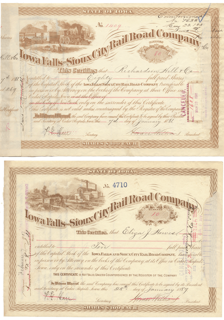 Iowa Falls and Sioux City Rail Road Company (LOT OF 4 PIECES)