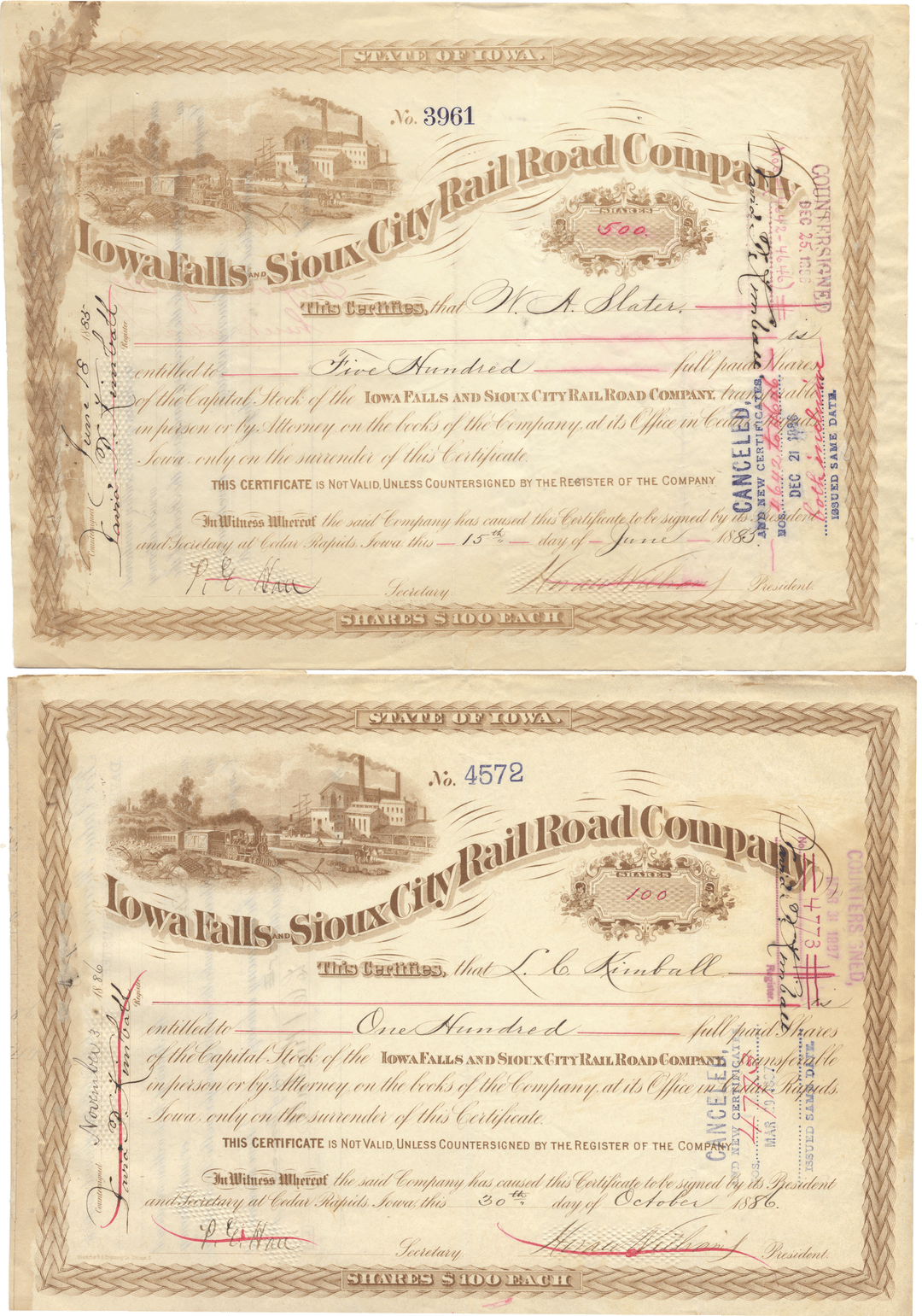 Iowa Falls and Sioux City Rail Road Company (LOT OF 4 PIECES)